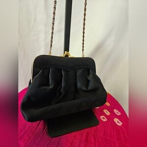 Vintage 1980’s black satin kiss clock clasp handbag or clutch evening bag